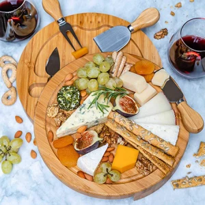 2020 Hot Sales Bamboo Cheese Platter Board With Cheese Knife Set Round Cheese Board
