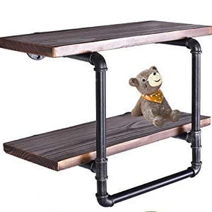 24-Inch Industrial Pipe Wood Shelf with Towel Bar