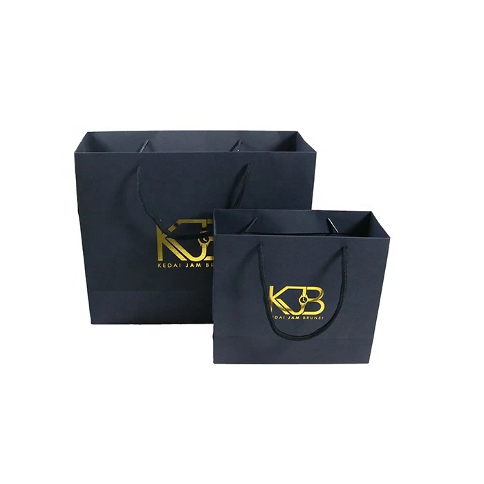 250gsm Paper Bag Art Card Black Paper Hand Bag Hot Stamping Gold Logo With PP Rope Handles