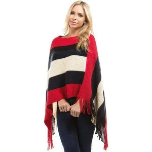 3 Colors Splicing Poncho Sweater With Tassel Wholesale Acrylic Fibers Long Sleeve Women Sweater