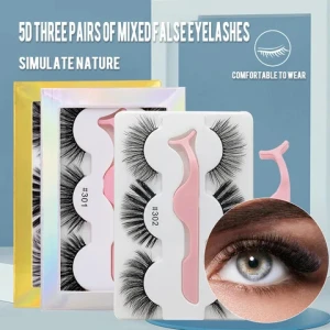 3 Pair Reusable Self Adhesive Eyelashes No Glue Self Adhesive Eyelash Vendor Clear Boxes 5D Strip Eyelashes Tray With Tweezers