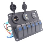 6 Gang Marine Rocker Switch Panel Waterproof with Digital Voltmeter 3.1A Dual USB Charger Cigarette Lighter Socket for RV Car Boat Vehicles Truck Trailer Yacht