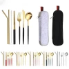 8 Piece Mirror Finish Black Gold Flatware Silverware Set Stainless Steel Tableware Cutlery Set With Bag