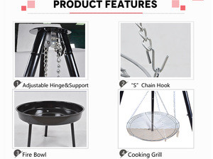 Adjustable Height Portable Barbecue Hanging Tripod Charcoal Camping BBQ Grill