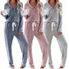 Amazon Hot Long Sleeve Long Pants Solid Color 2 piece Pijamas Soft Cotton lounge Wear Pyjamas Women Sleepwear Pajamas Set