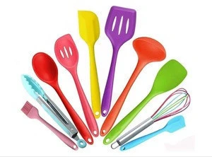 Amazon wholesale kitchen utensil set cooking tools red black green blue colorful  silica gel kitchen stainless steel tong ladle