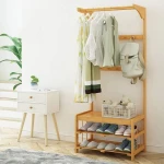Bench Shoe Rack Hallway Organizer Bamboo Wood Hat Shelf with 10 Hooks and 2-Tier Shoe Rack