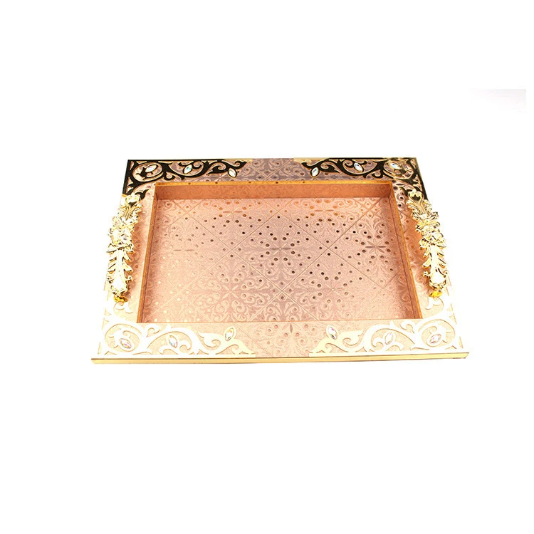 Best Selling Mirror Tray Argent Handmade Crystal Bead Gold Metal Plated Round Serving Mirror Tray For Wedding Party