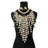 Black Bead and Cowrie Shell Fringe Necklace Set