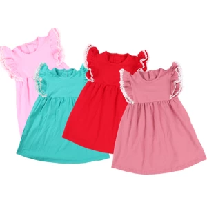 Boutique 2022 summer cotton blank flutter sleeve lace pink sweet casual dresses little girls dress