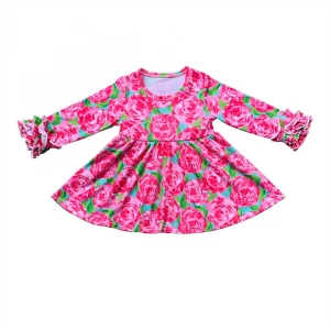 Boutique baby girls holiday dresses children rose dress long sleeve silk milk floral printed fancy dress for little girls