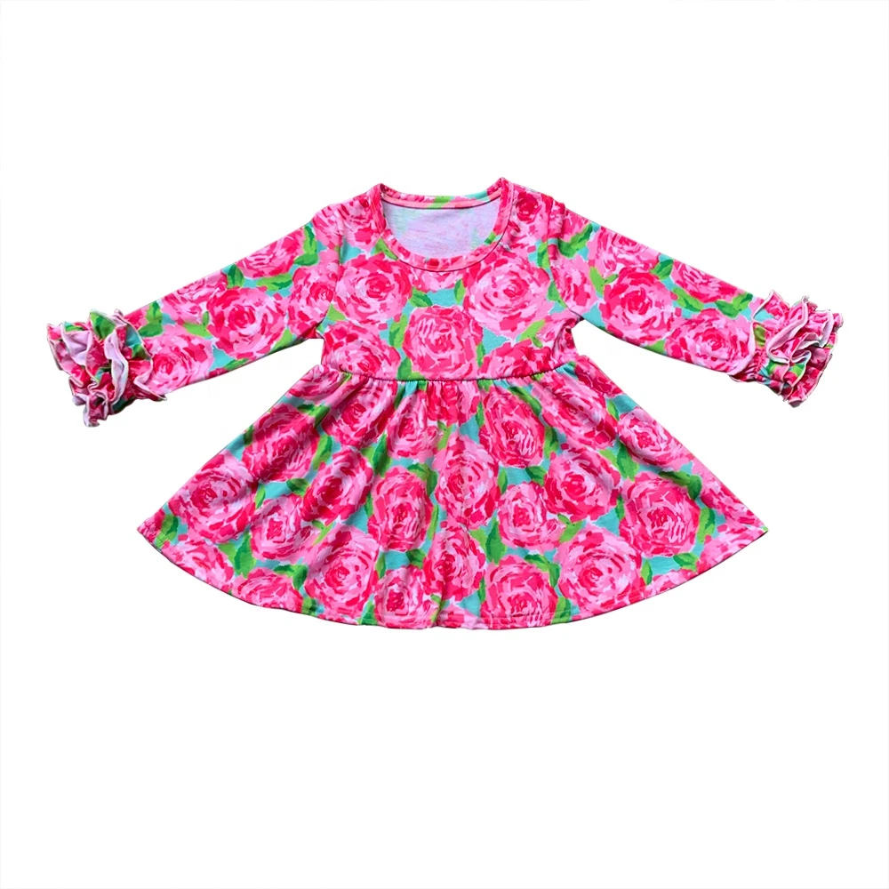 Boutique baby girls holiday dresses children rose dress long sleeve silk milk floral printed fancy dress for little girls