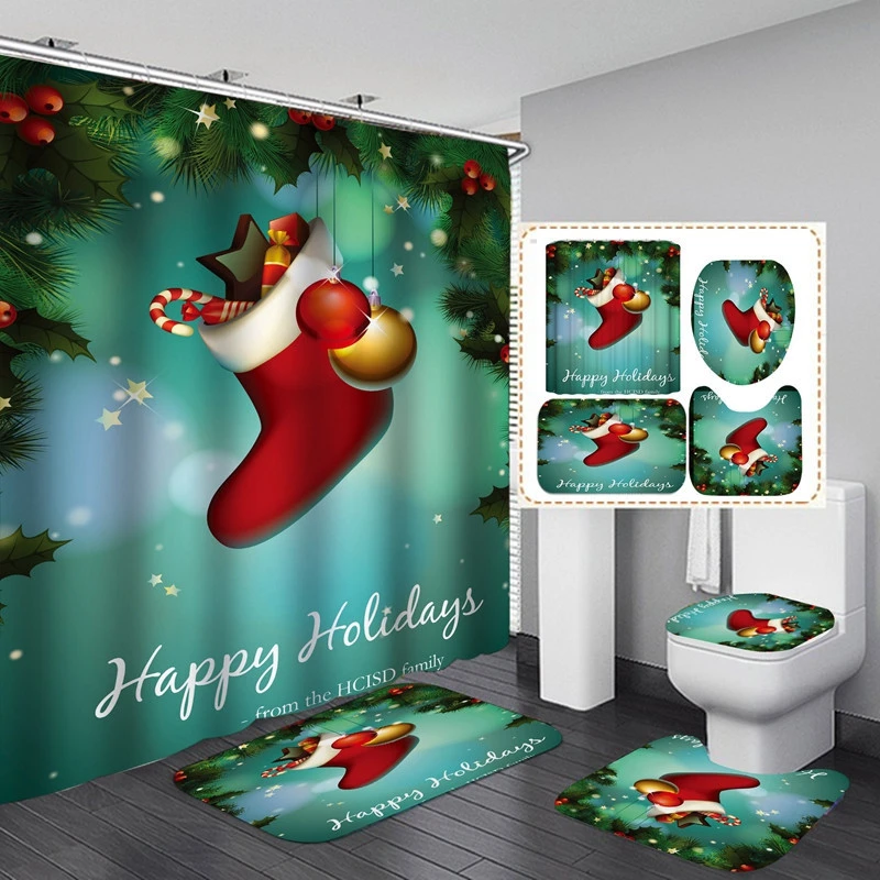 Christmas Bathroom Decorations Set Toilet Seat Cover Rug Shower Curtain Sets Xmas Santa Claus Elk Snowman Bathroom Decor