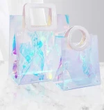 Custom Logo Fashionable Lifestyle Bolsas De Compras Clear Laser PVC Transparent Tote Hand Bag With Leather Handles