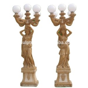 Decorative outdoor hand carved stone figure statue pillar yellow marble woman lighting columns