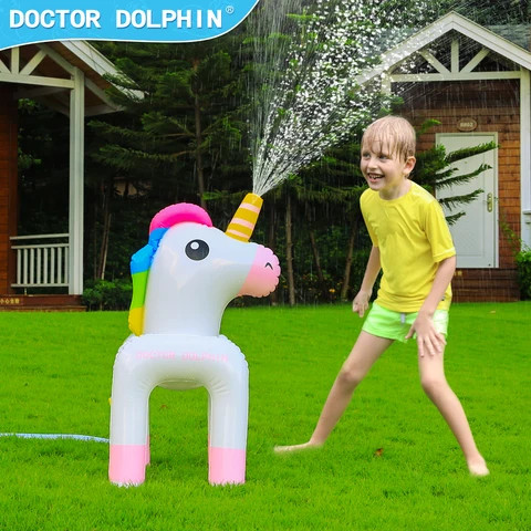 Doctor Dolphin Back Yard Game the Kids play Water Colorful Unicorn Sprinkler pool Spray Inflatable Sprinkler toy
