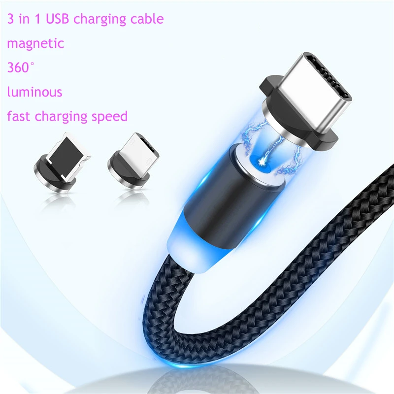 Dongguan manufacturer 3in1 magnetic electrical usb cable charging and data magnet cable usb led light usb carging cable