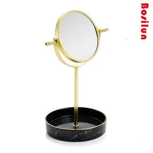 Double Sided Table Standing Makeup Mirror Professional With Black Marble Ceramic Jewelry Tray