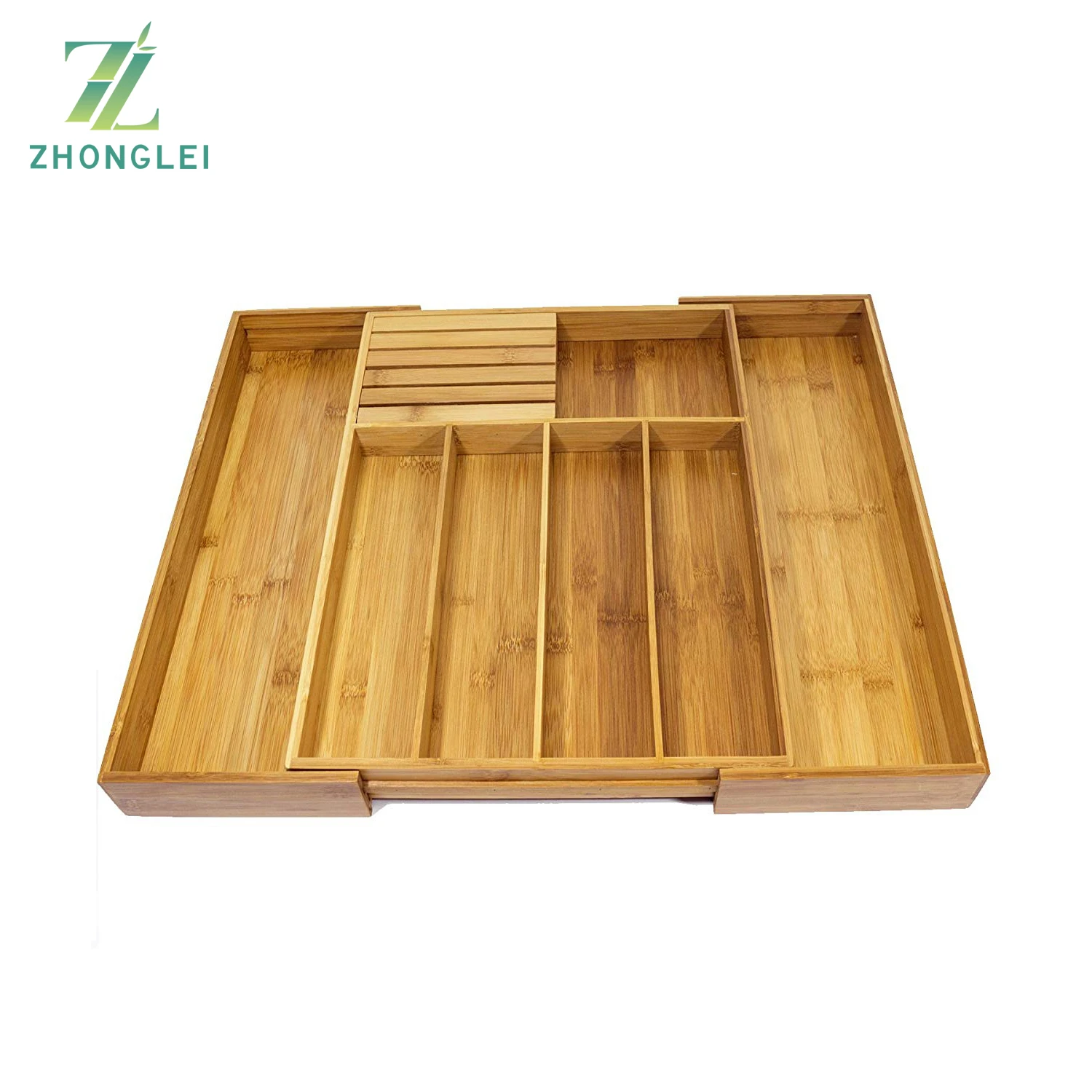 Eco Friendly Adjustable Bamboo Kitchen Utensil Cutlery Tray Bamboo Kitchen Drawer Organizer w/Built-in Solid Bamboo Knife Block