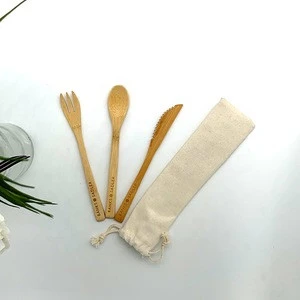 Eco-friendly Portable Bamboo Cutlery Set Knife Fork Spoon Dinnerware Set With Cloth Pouch