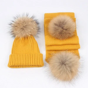 Factory wholesale knitted baby and kids wool winter hat and scarf set