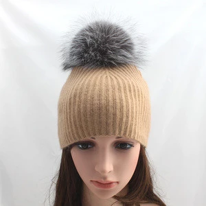 Factory Wholesale Rib 100% Cashmere Knitted Hat with Fur Ball