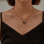 Fashion purple pink crystal butterfly pendant personality pearl necklace personality double chain design clavicle chain female