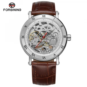 FORSINING 9005 Men Automatic Mechanical Stainless Steel Case Watch High Quality Leather Watch Strap