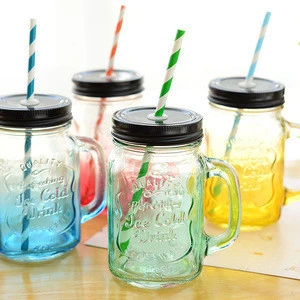 high quality colorful glass mason jar with handles wholesale mason jar with straw