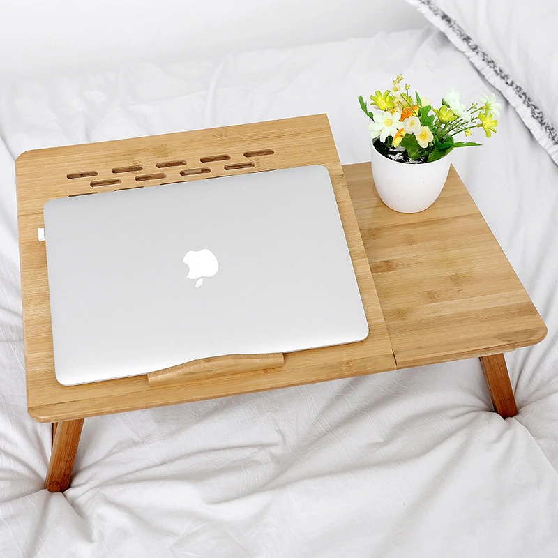 High Quality Natural Wooden Hotel Home Bed Serving Portable Foldable Adjustable Bamboo Laptop Desk With Drawer