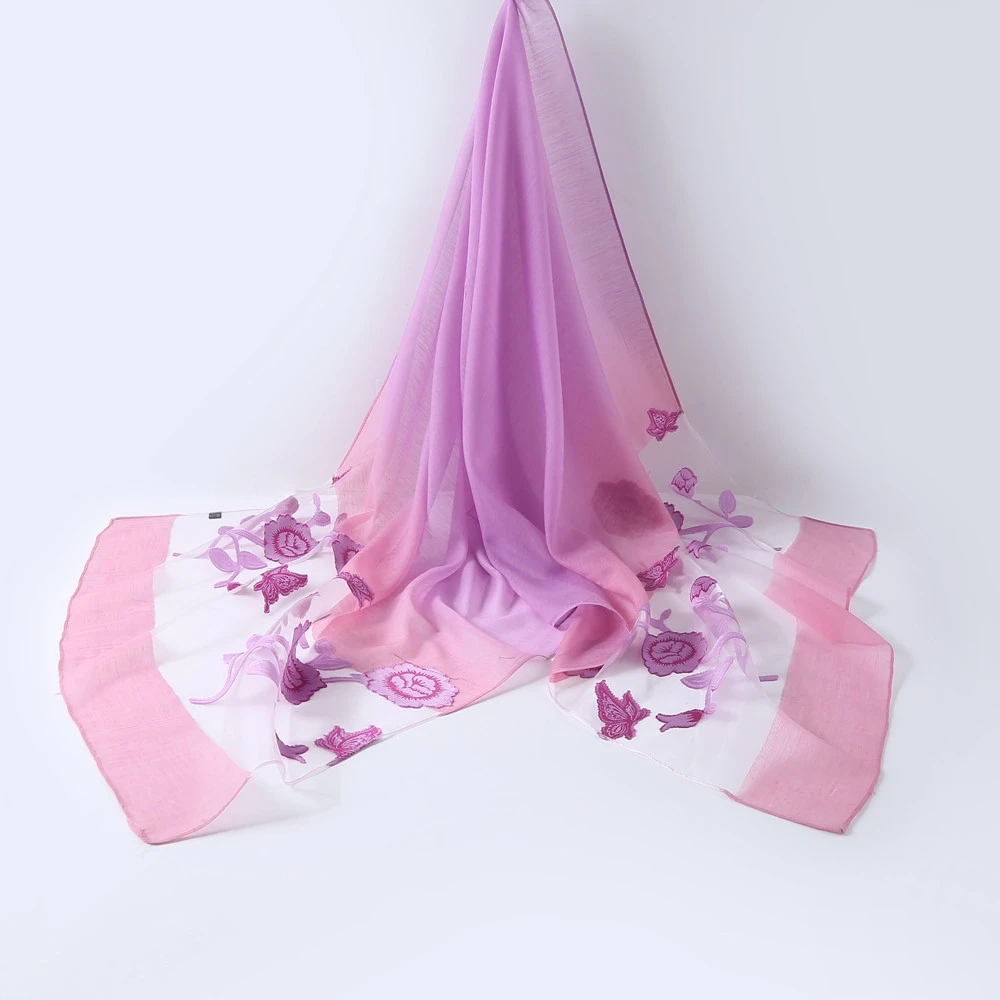 Ladies purple flower embroidered voile shawl scarf