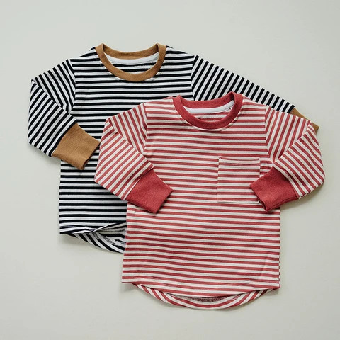 Long Sleeve Cotton Jersey Striped Pocket T-Shirt For Baby Boy Clothing