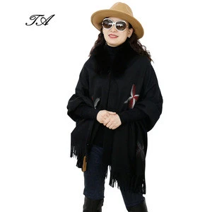 Luxury Embroidered Knitted Black Long Woolen Ladies Fox Fur Trimed Shawl With Tassel