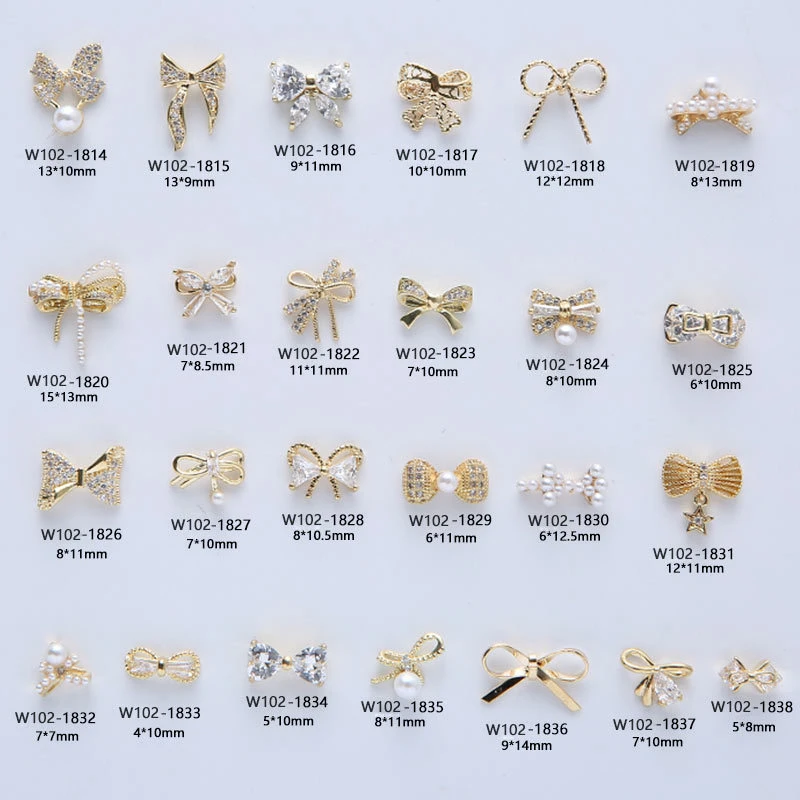Luxury Nail Art Charm Cubic Zircon Pearl Bow Knot Nail 3D Diamond Long Chain Nail Sticker DIY Art Decoration Finger Jewelry