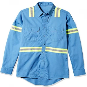 Men FR 100%Cotton High Vis Reflective Stripe Construction Workers Drill Shirts Safety Flame Retardant Workwear Work Shirt