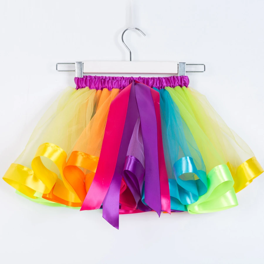 Mesh Rainbow Princess Dress Performance Baby Girl Tutu Pleated Skirt with Bow Knot Mini Children Breathable Polyester Quick Dry