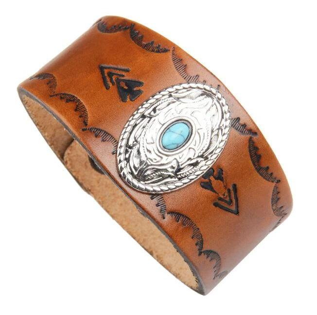 New European and American style turquoise wide leather bracelet custom alloy accessories cowhide jewelry cross-border supply