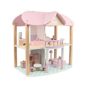 New shape hot sale wooden toy doll house two floor doll house set toy pink wooden doll house toy  MSN19029