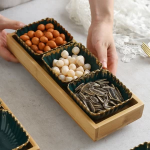 Nordic Dark Green Ceramic Snack Plate Bamboo Wood Fruit Plate Snacks Dried Fruit Plate Candy Nut Storage