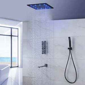 Shower Room Accessories Concealed Black 16 Inches 304 Stainless Steel Led Overhead Shower Head Set With Water Spout