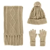 Pom Pom Beanie Hat Touch Screen Gloves Long Scarf Soft Warm Thick Cable Knit Women Scarf Gloves Hat Set