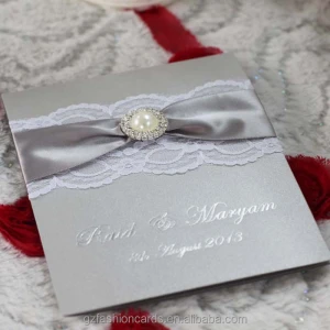 Premium Custom silver Color Silk Wedding Invitation Cards with Lace and Buckle Decoration