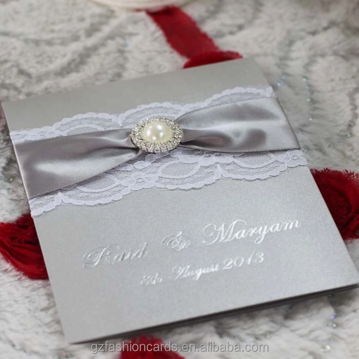 Premium Custom silver Color Silk Wedding Invitation Cards with Lace and Buckle Decoration