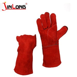 Red and blue industry cattle leather long welding gloves