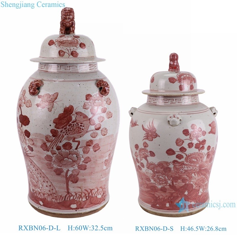 Rxbn06-D-L-S High Quality Hand Painted Underglazed Red Flower Birds Porcelain Temple Jar