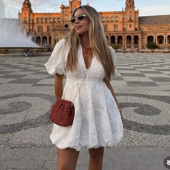 Embroidered Pattern Dress Wholesale Puff Sleeve Short Skirt Manufacturer V Neck Solid Lady Dress Factory Directly