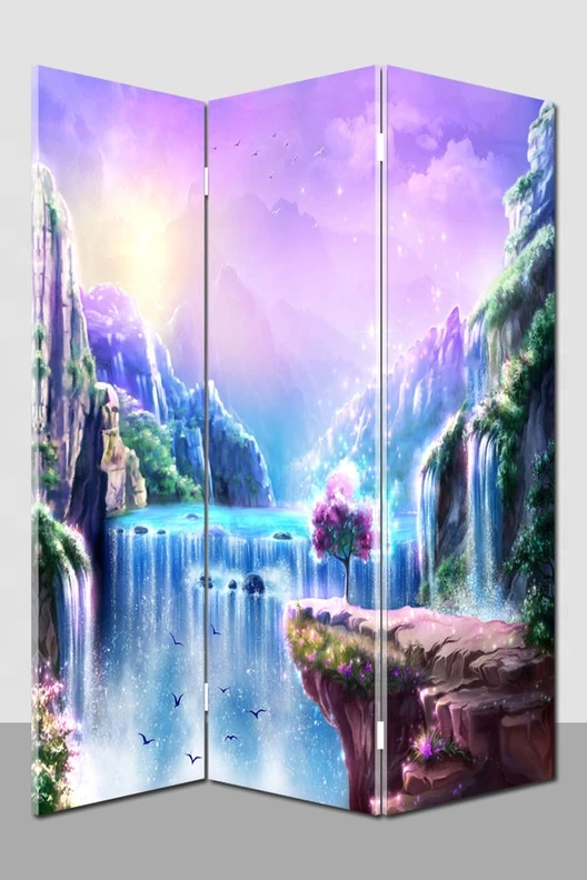 Spring Waterfall Folding Screen Screen Room Dividers Partition 3 Panels Canvas Home Decor Folding Screens Canvas + Fir Wood