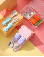 Stainless steel baby training fork and spoon Cartoon infant children tableware Complementary food silicone baby spoon and fork