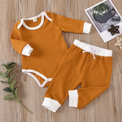 Stock Boutique Two piece Suit of Solid  Color Long Sleeve Romper with Pants Infant Baby Ribbed Outfits Clothings