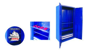 Strong tool cabinet with plastic bin for warehouse storage